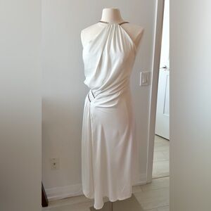 Rengin Elegant Asymmetric Draped Midi Dress with Rhinestones Details